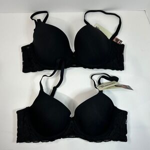 No Boundaries 2Pk Demi T-Shirt Bra 34C Black Soot Sugarcup Lace Wing NEW